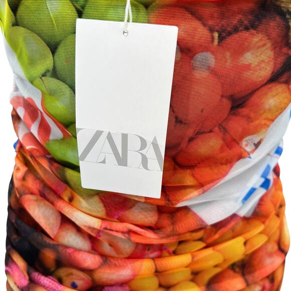 Zara Fruit Stand Strappy Maxi Dress Ruched Mesh Sleeveless Colorful Size Large - Picture 12 of 16
